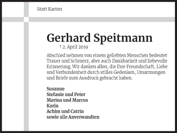 Anzeige von Gerhard Speitmann von Kölner Stadt-Anzeiger / Kölnische Rundschau / Express