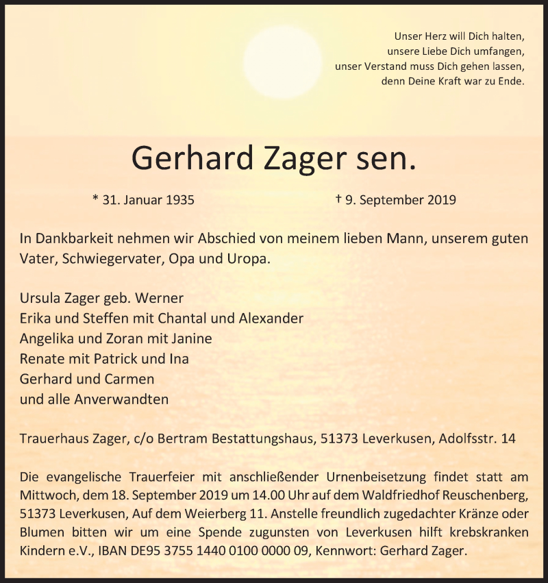  Traueranzeige für Gerhard Zager vom 14.09.2019 aus Kölner Stadt-Anzeiger / Kölnische Rundschau / Express