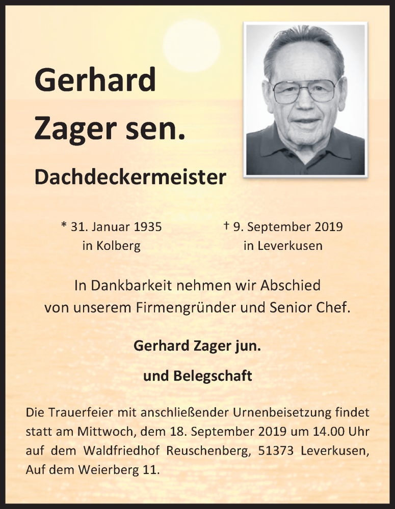  Traueranzeige für Gerhard Zager vom 13.09.2019 aus Kölner Stadt-Anzeiger / Kölnische Rundschau / Express