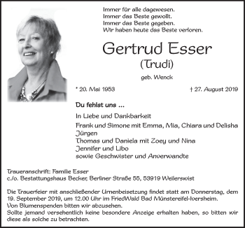 Anzeige von Gertrud Esser von  Blickpunkt Euskirchen 