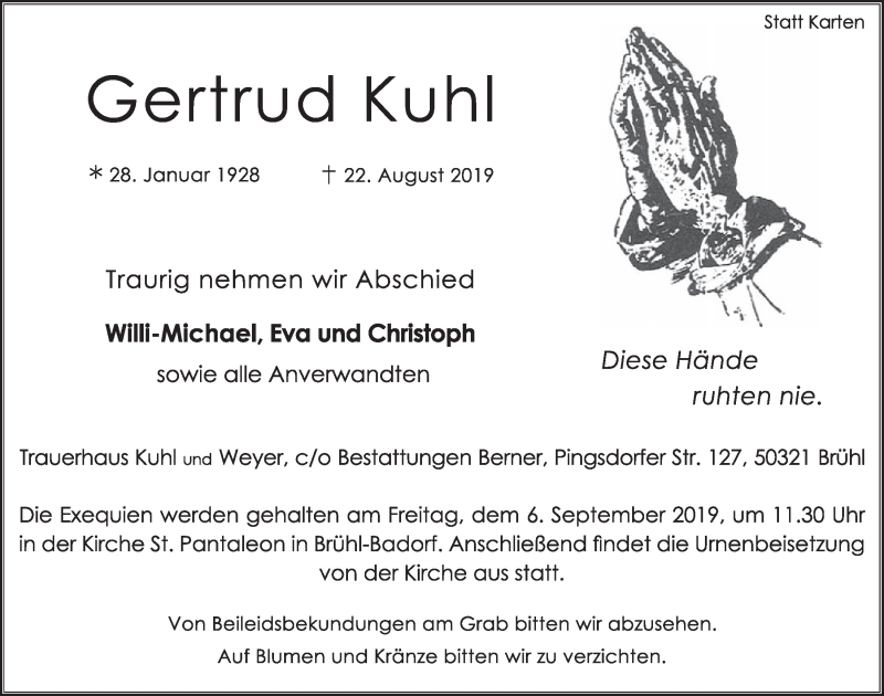  Traueranzeige für Gertrud Kuhl vom 04.09.2019 aus  Schlossbote/Werbekurier 
