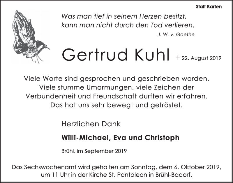  Traueranzeige für Gertrud Kuhl vom 25.09.2019 aus  Schlossbote/Werbekurier 