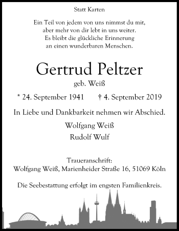 Anzeige von Gertrud Peltzer von Kölner Stadt-Anzeiger / Kölnische Rundschau / Express
