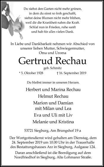 Anzeige von Gertrud Rechau von Kölner Stadt-Anzeiger / Kölnische Rundschau / Express
