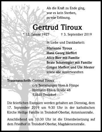 Anzeige von Gertrud Tiroux von Kölner Stadt-Anzeiger / Kölnische Rundschau / Express