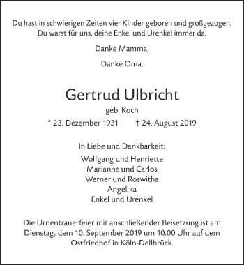 Anzeige von Gertrud Ulbricht von  Kölner Wochenspiegel 