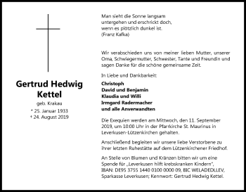 Anzeige von Gertrud Hedwig Kettel von Kölner Stadt-Anzeiger / Kölnische Rundschau / Express