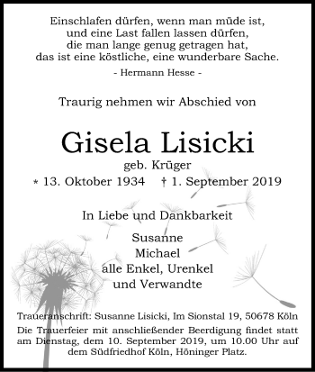 Anzeige von Gisela Lisicki von Kölner Stadt-Anzeiger / Kölnische Rundschau / Express