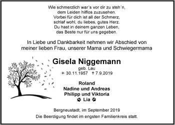 Anzeige von Gisela Niggemann von  Anzeigen Echo 