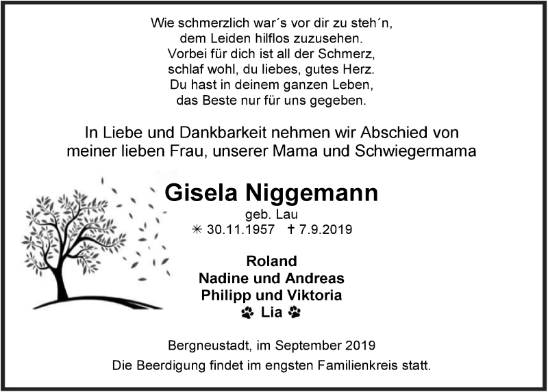  Traueranzeige für Gisela Niggemann vom 11.09.2019 aus  Anzeigen Echo 
