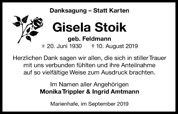 Anzeige von Gisela Stoik von Kölner Stadt-Anzeiger / Kölnische Rundschau / Express