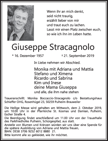 Anzeige von Giuseppe Stracagnolo von  Sonntags-Post 
