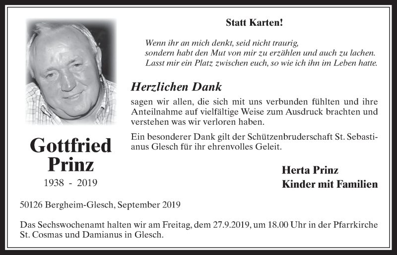  Traueranzeige für Gottfried Prinz vom 25.09.2019 aus  Werbepost 