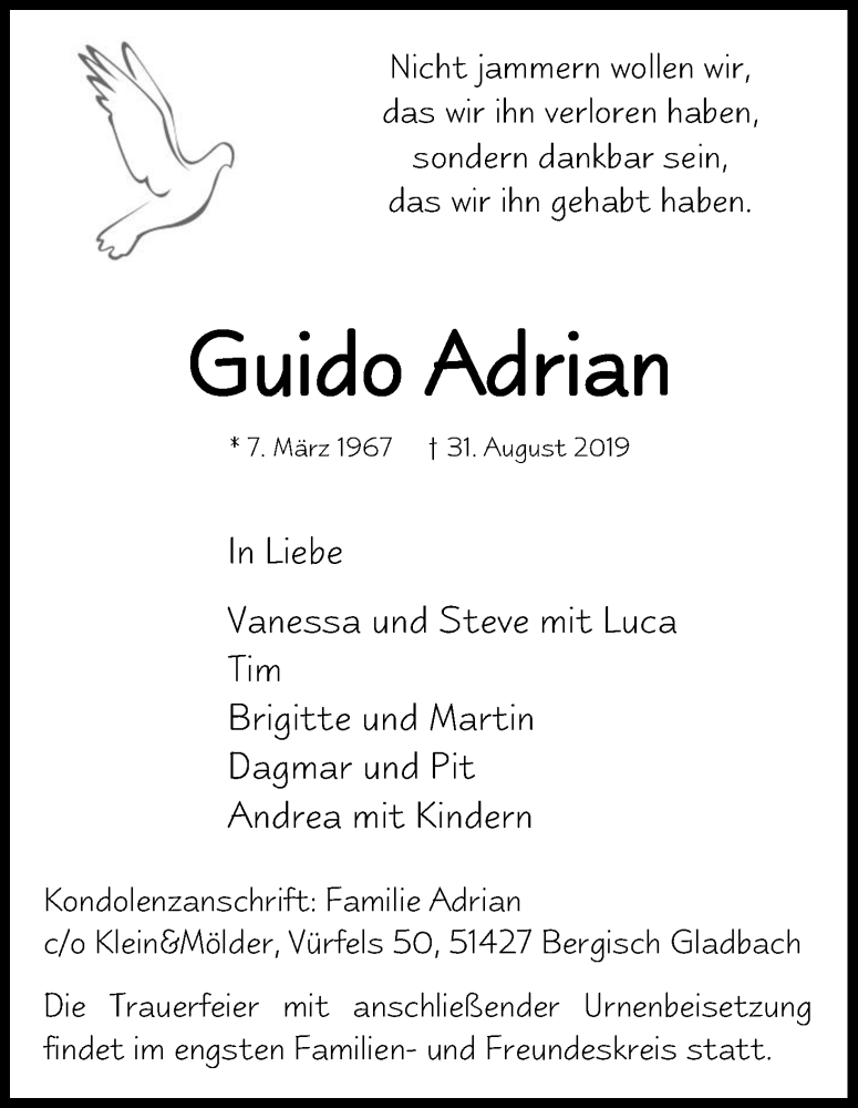  Traueranzeige für Guido Adrian vom 18.09.2019 aus Kölner Stadt-Anzeiger / Kölnische Rundschau / Express
