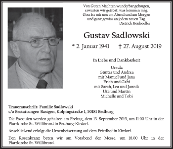 Anzeige von Gustav Sadlowski von  Sonntags-Post 