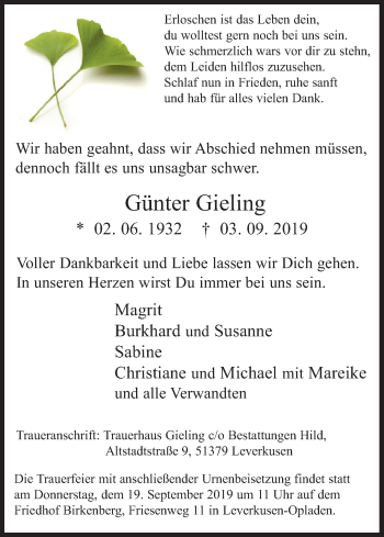Anzeige von Günter Gieling von Kölner Stadt-Anzeiger / Kölnische Rundschau / Express