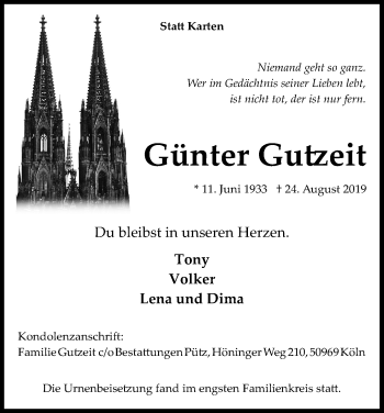 Anzeige von Günter Gutzeit von Kölner Stadt-Anzeiger / Kölnische Rundschau / Express