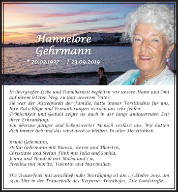 Anzeige von Hannelore Gehrmann von  Sonntags-Post 