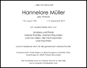 Anzeige von Hannelore Müller von Kölner Stadt-Anzeiger / Kölnische Rundschau / Express