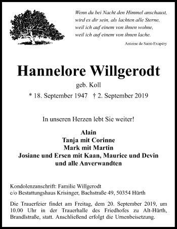 Anzeige von Hannelore Willgerodt von Kölner Stadt-Anzeiger / Kölnische Rundschau / Express