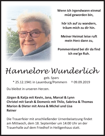 Anzeige von Hannelore Wunderlich von Kölner Stadt-Anzeiger / Kölnische Rundschau / Express