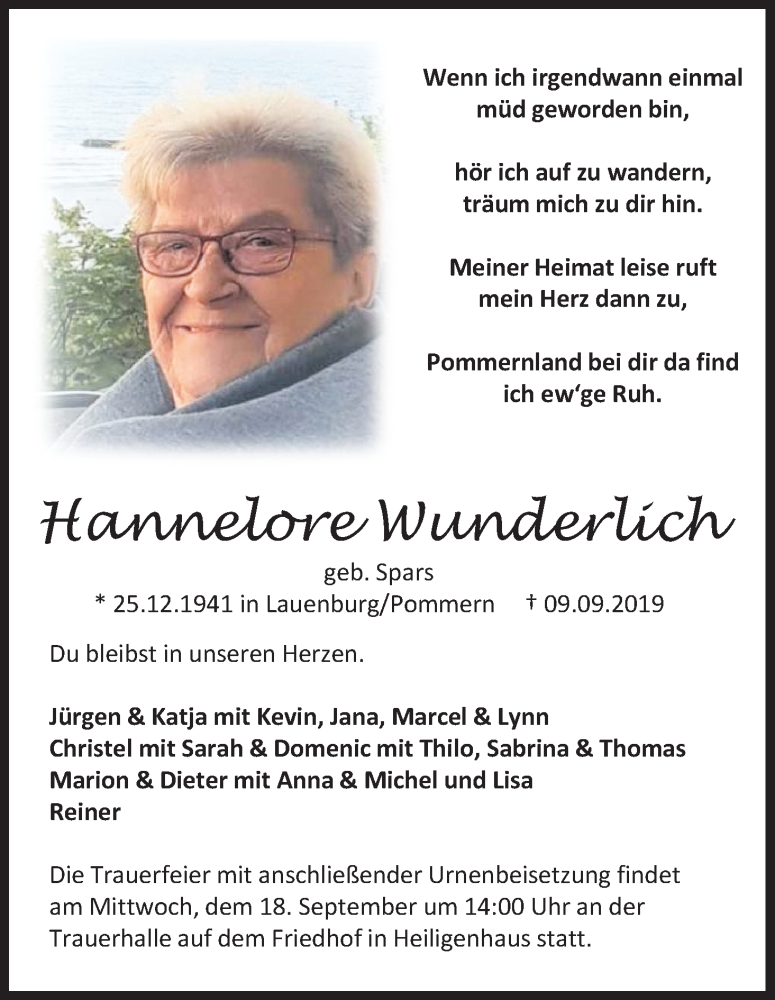  Traueranzeige für Hannelore Wunderlich vom 14.09.2019 aus Kölner Stadt-Anzeiger / Kölnische Rundschau / Express