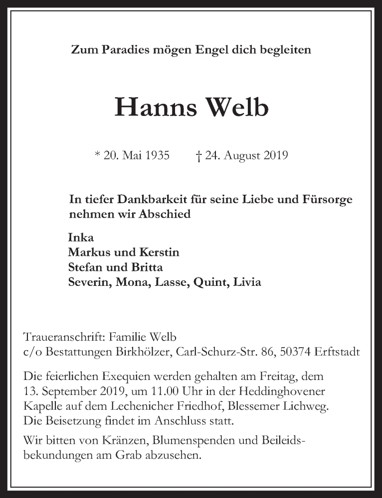  Traueranzeige für Hanns Welb vom 11.09.2019 aus  Werbepost 
