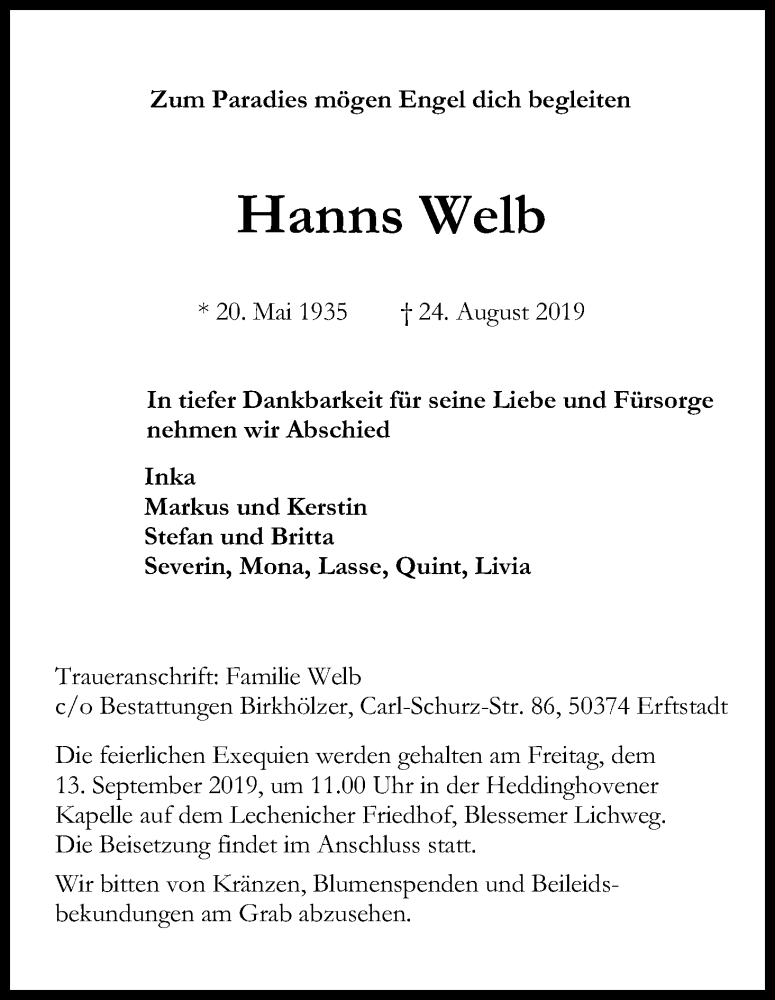  Traueranzeige für Hanns Welb vom 07.09.2019 aus Kölner Stadt-Anzeiger / Kölnische Rundschau / Express