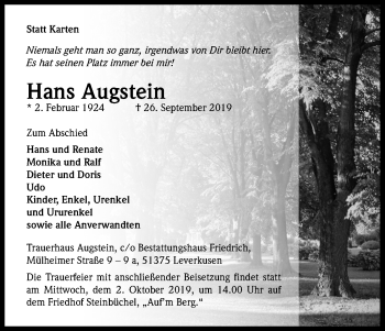 Anzeige von Hans Augstein von Kölner Stadt-Anzeiger / Kölnische Rundschau / Express