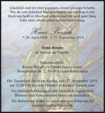 Anzeige von Hans Besch von Kölner Stadt-Anzeiger / Kölnische Rundschau / Express