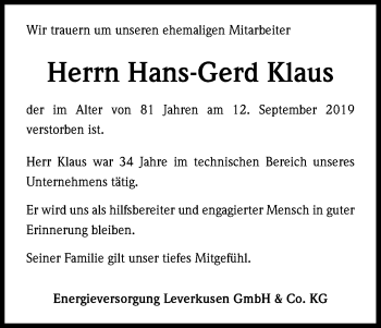 Anzeige von Hans-Gerd Klaus von Kölner Stadt-Anzeiger / Kölnische Rundschau / Express