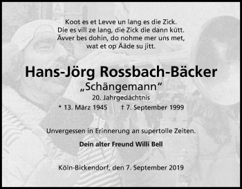 Anzeige von Hans-Jörg Rossbach-Bäcker von Kölner Stadt-Anzeiger / Kölnische Rundschau / Express
