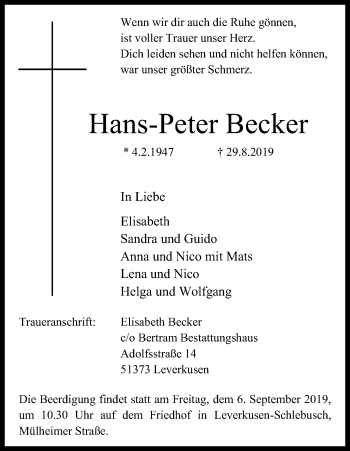 Anzeige von Hans-Peter Becker von Kölner Stadt-Anzeiger / Kölnische Rundschau / Express