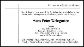 Anzeige von Hans-Peter Weingarten von Kölner Stadt-Anzeiger / Kölnische Rundschau / Express