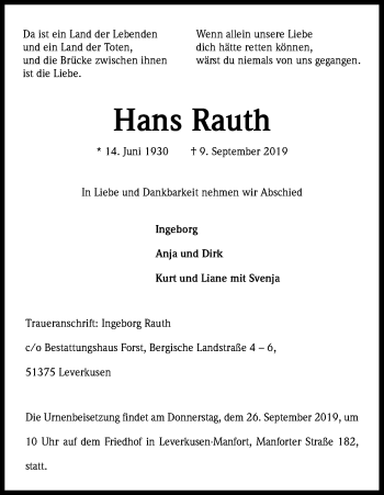 Anzeige von Hans Rauth von Kölner Stadt-Anzeiger / Kölnische Rundschau / Express