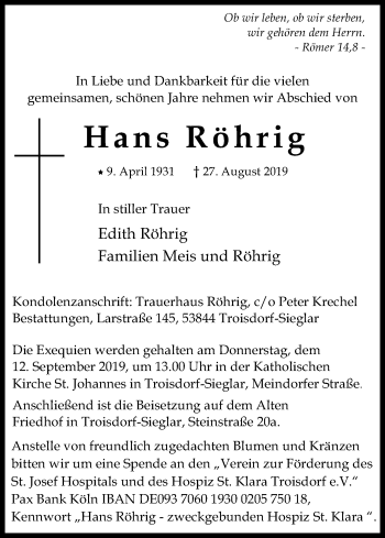 Anzeige von Hans Röhrig von Kölner Stadt-Anzeiger / Kölnische Rundschau / Express