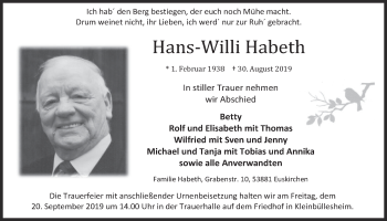 Anzeige von Hans-Willi Habeth von  Blickpunkt Euskirchen 