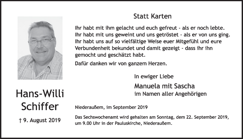  Traueranzeige für Hans-Willi Schiffer vom 14.09.2019 aus  Sonntags-Post 
