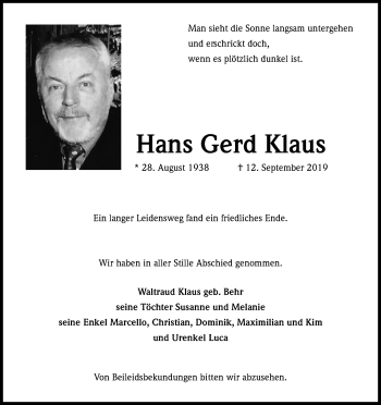 Anzeige von Hans Gerd Klaus von Kölner Stadt-Anzeiger / Kölnische Rundschau / Express