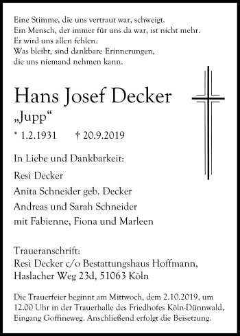 Anzeige von Hans Josef Decker von Kölner Stadt-Anzeiger / Kölnische Rundschau / Express