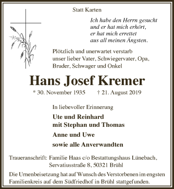 Anzeige von Hans Josef Kremer von  Schlossbote/Werbekurier 