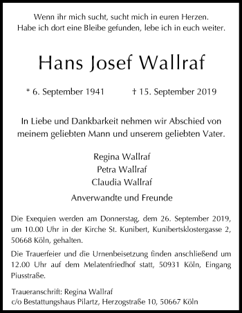 Anzeige von Hans Josef Wallraf von Kölner Stadt-Anzeiger / Kölnische Rundschau / Express