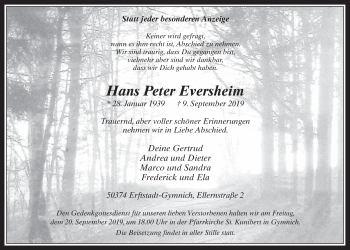 Anzeige von Hans Peter Eversheim von  Werbepost 