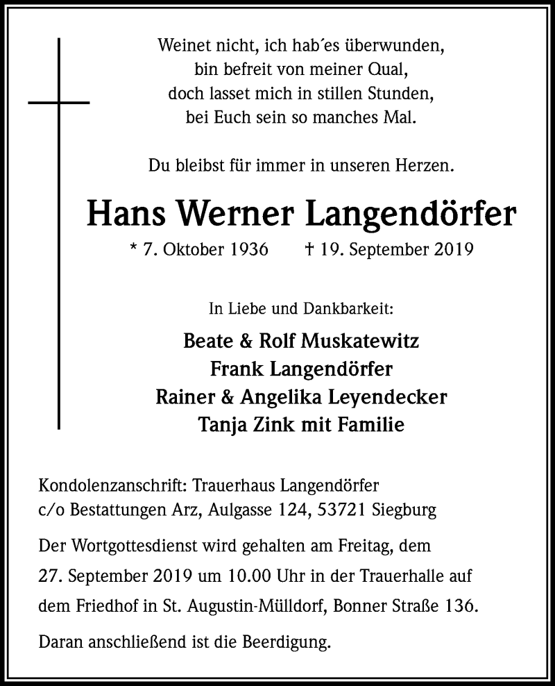  Traueranzeige für Hans Werner Langendörfer vom 24.09.2019 aus Kölner Stadt-Anzeiger / Kölnische Rundschau / Express