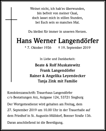 Anzeige von Hans Werner Langendörfer von Kölner Stadt-Anzeiger / Kölnische Rundschau / Express