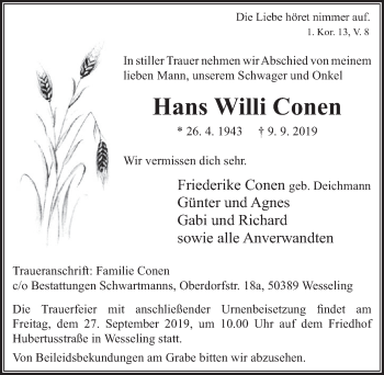 Anzeige von Hans Willi Conen von  Schlossbote/Werbekurier 