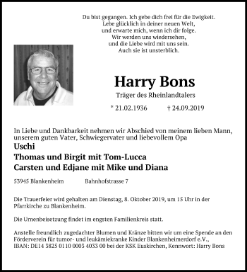 Anzeige von Harry Bons von Kölner Stadt-Anzeiger / Kölnische Rundschau / Express