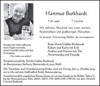 Anzeige von Hartmut Burkhardt von  Schlossbote/Werbekurier 