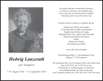 Anzeige von Hedwig Lanzerath von  Blickpunkt Euskirchen 