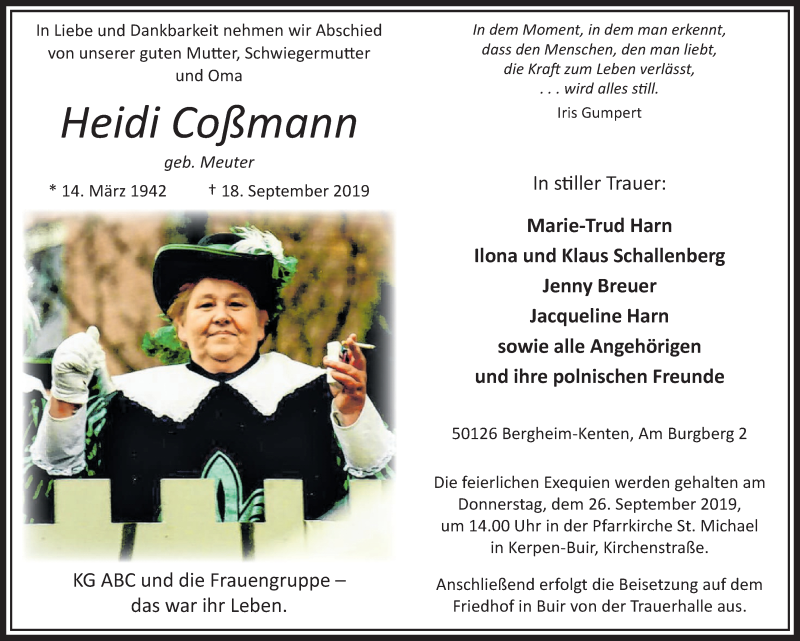  Traueranzeige für Heidi Coßmann vom 21.09.2019 aus  Sonntags-Post 